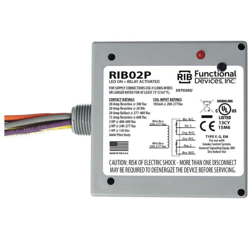 Functional Devices RIB RIB02P Power Control Enclosed Relay With Coil, 20 A, 2 Form C DPDT Contact Form, 208 to 277 VAC Coil